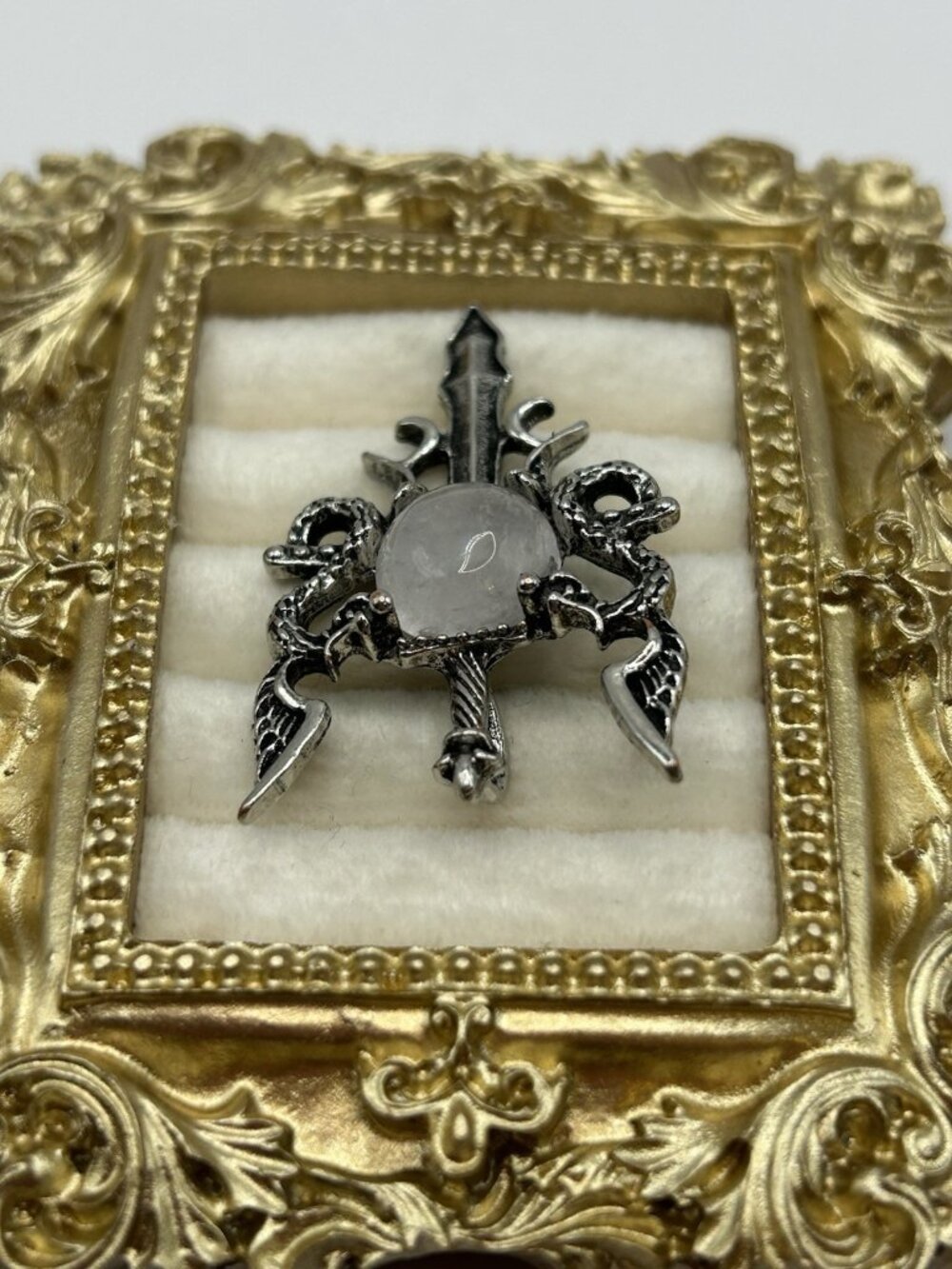 Gothic Dragon Sword Pendant Clear Cabochon Fantasy Medieval Silvertone - Picture 3 of 12